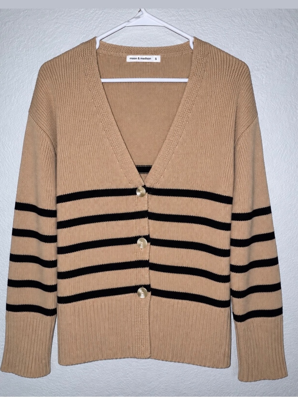 moon & madison Tan and Black Striped V‑Neck Cardigan